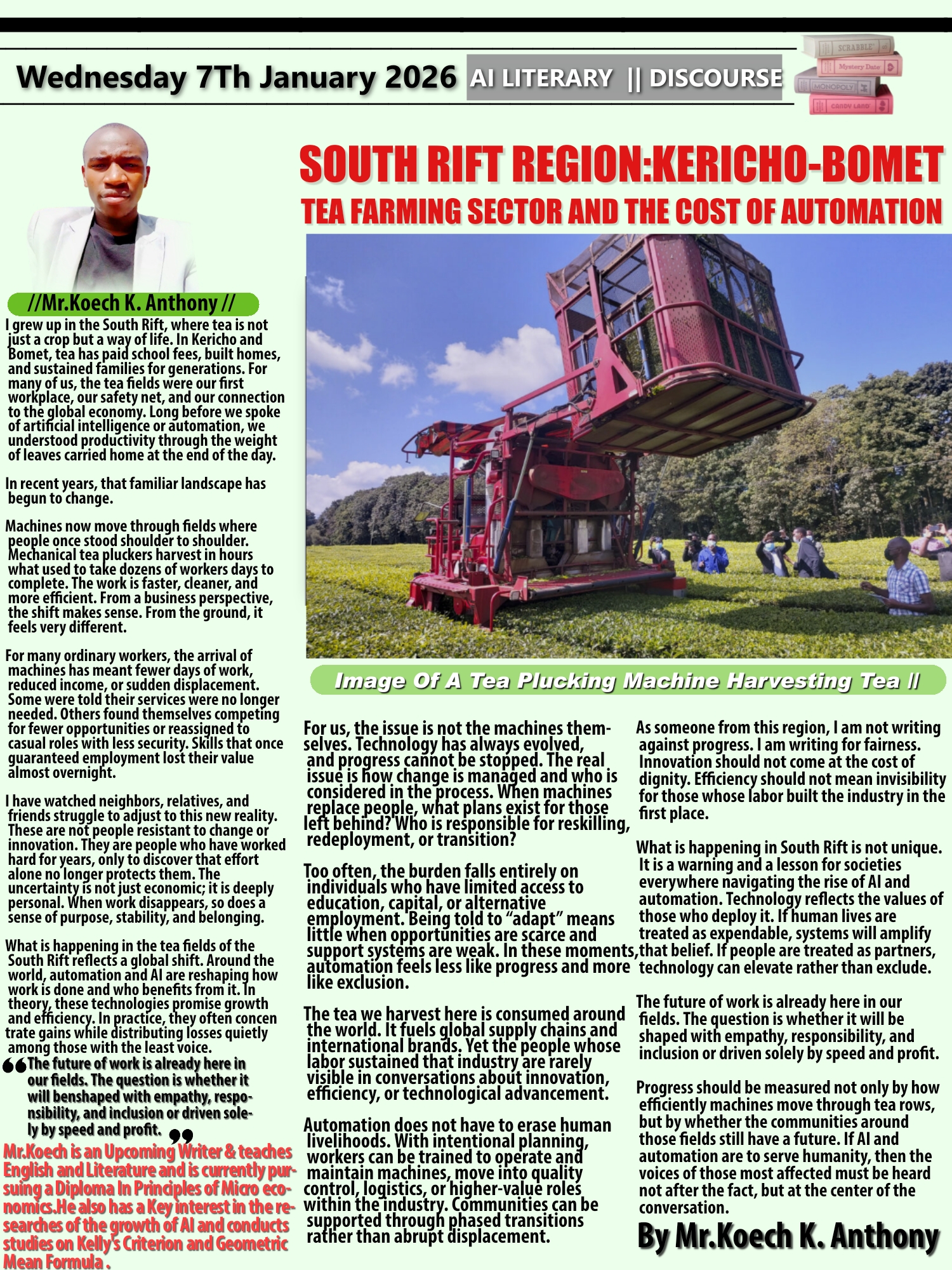 SOUTH RIFT REGION:KERICHO BOMET TEA FARMING SECTOR AND THE COST OF AUTOMATION